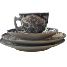 Gold Imari Hand Painted Japanese Asian Plate Set 2 Small Plates Tea Cup Saucer