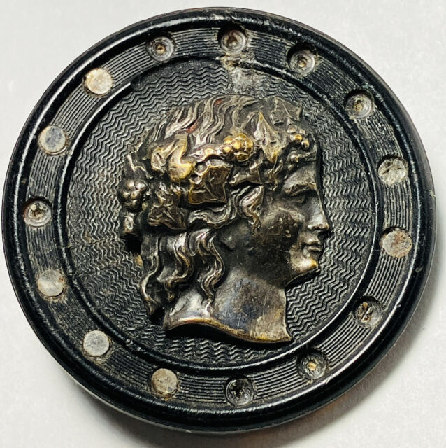 Antique Vintage Large Carved Horn & Metal Picture Button Ladies Head Cameo
