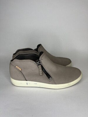 Ecco Shoes Womens 7 High Top Sneakers Gray Leather Round Toe Zip Up Casual