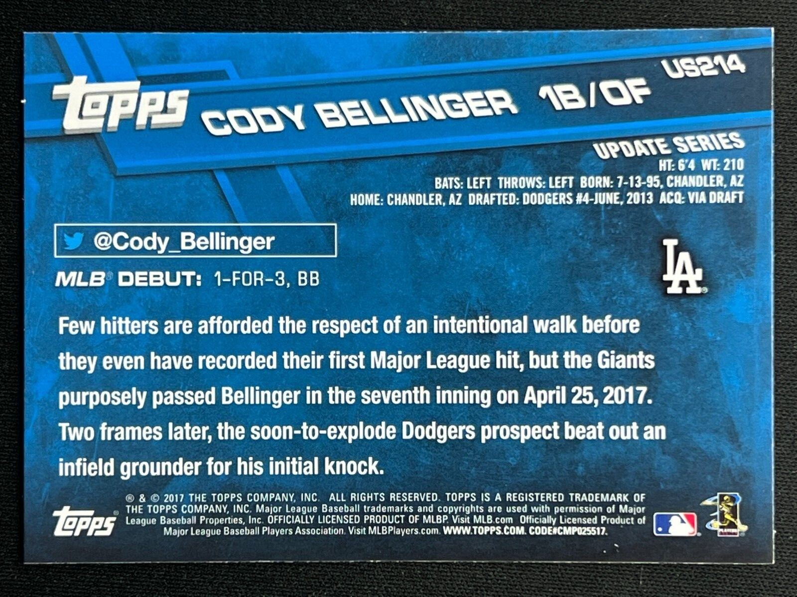 CODY BELLINGER 2017 Topps Update Series Rookie Debut RC US214 Dodgers eBay