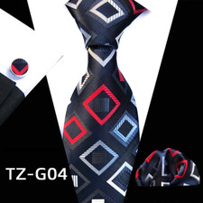 Classic Geometric Red Blue Jacquard Silk Men's Tie Necktie Hanky Cufflink Set
