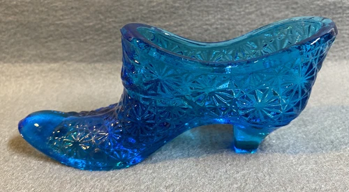 Fenton Blue Glass Daisy Boot with Bow Shoe Heel Vintage