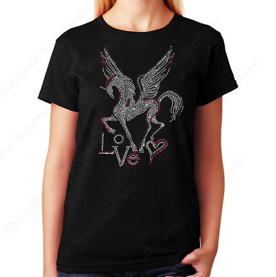 Women's / Unisex Rhinestone T-shirt '' Pegasus with Love '' in Sm to 3XL