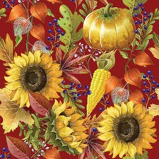 Fall Autumn Thanksgiving Pumpkins and Sunflowers on Burgundy 100 Cotton Fabric