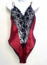 Vintage 80s Ms Leslee S Satin High Cut Lingerie Teddy Red Black Lace USA