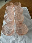 (8) Vtg Jeanette Holiday Buttons and Bows Pink Depression 4” Flat Glasses