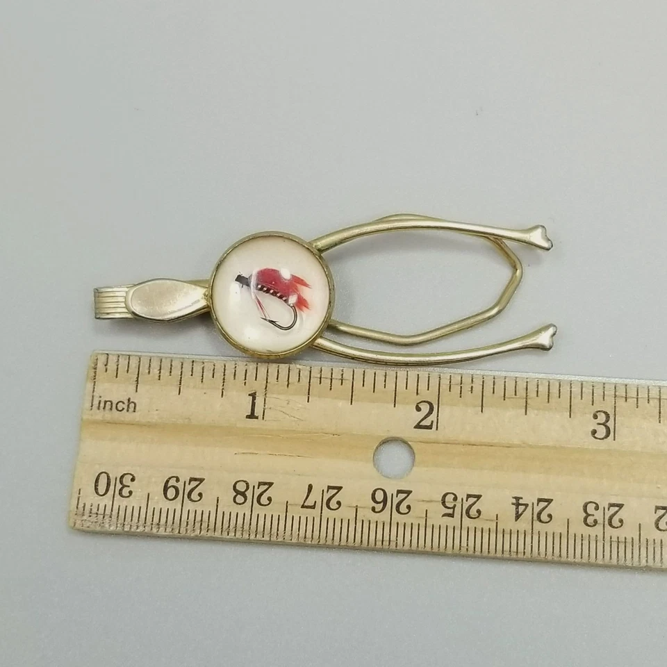 Gancho de pesca con mosca Wishbone de colección barra de corbata clip tono dorado Lucite Anson Foto 2 de 4
