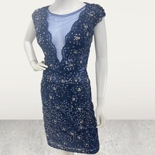 Jovani Blue Jeweled  Beaded Plunge Neckline Short Dress