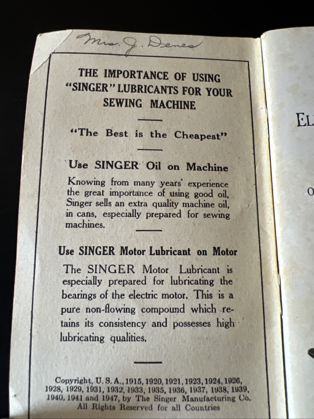 Instruction Manual for Singer 66-16 Sewing Machine 1947 Book Booklet
