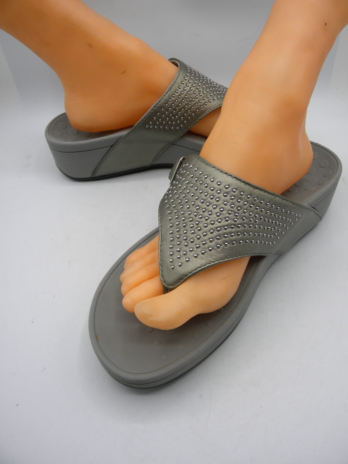 VIONIC Capitola Pewter Leather Platform Wedge Stu… - image 1