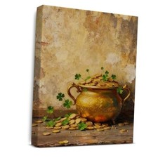 St. Patrick's Day Wall Art Decoration, Golden Pot of Gold Shamrocks Canvas