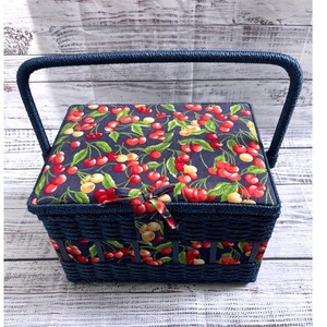 Vintage Woven Wicker Sewing Basket Box Navy Blue Cherry Print Handle Cottage
