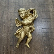 Vtg Gold Angel Cherub Harp Wall Hanging 8” Decor Heavy Resin Hollywood Regency
