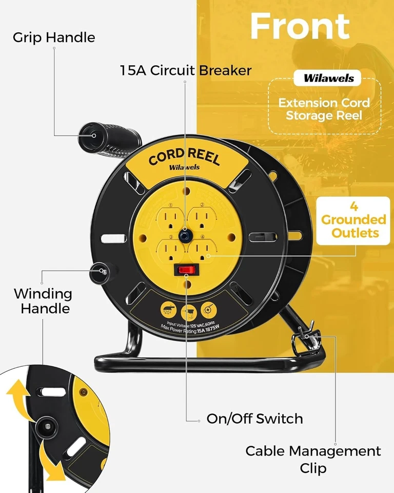 Retractable Extension Cord Reel - 100ft with 4 Outlets & Safety Circuit Breaker - Image 4 of 4