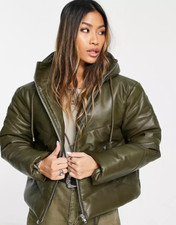 Bolongaro Trevor Puffa Jacket Olive 100% Leather Satin Lining Big Hood M Bnwt
