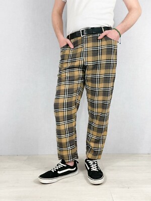 Herren maßgeschneiderte Slim Fit Schottenkaro Sta Press Stil Hose-schwarz & braun