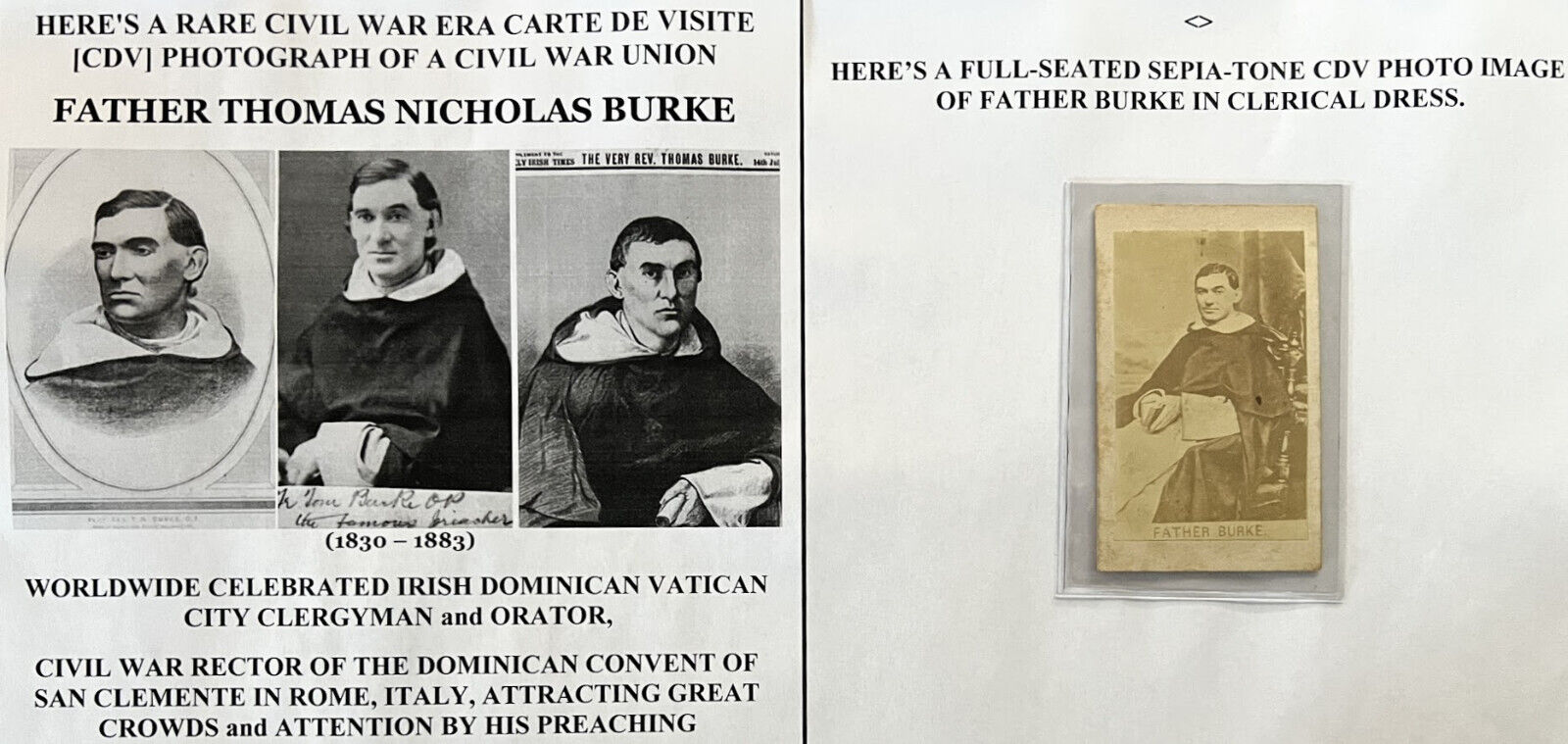 CIVIL WAR ERA IRISH DOMINICAN VATICAN ROME CLERGY ORATOR FATHER BURKE CDV PHOTO!