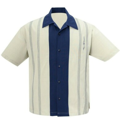 Steady Clothing Harper Rockabilly Stone Navy Button Down Bowling Shirt ST34603