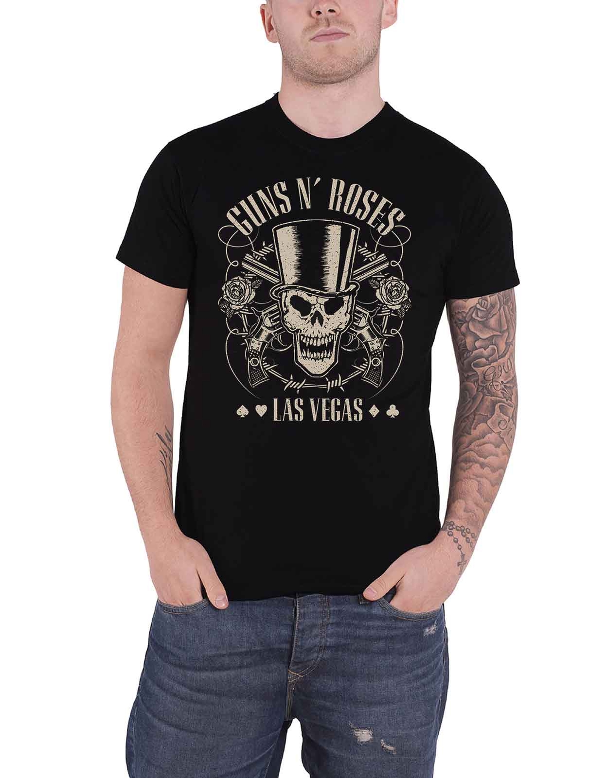 Guns N Roses Official Las Vegas Band Logo T-Shirt with Skull Pistols Design