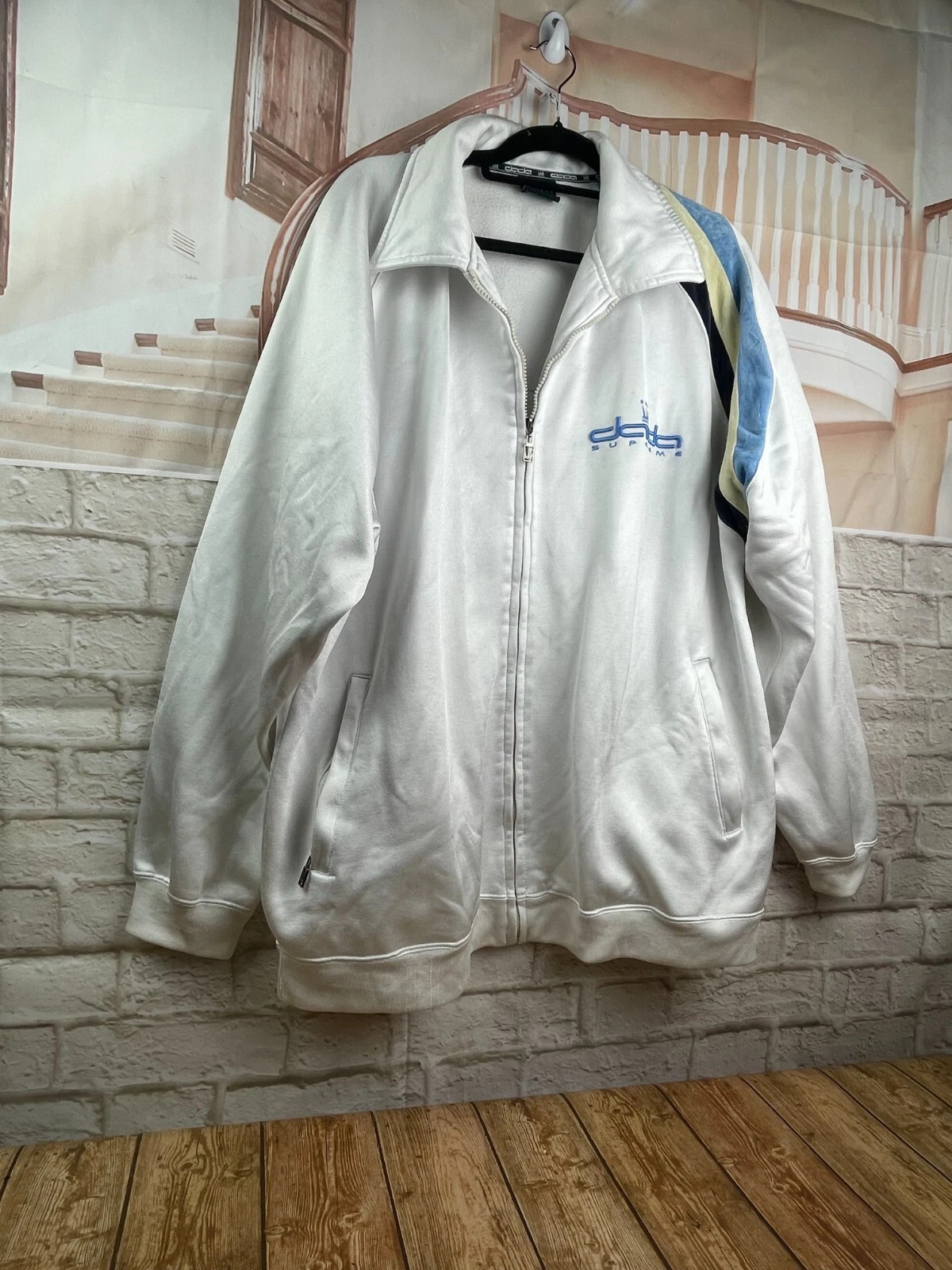 Pull veste zippée vintage DADA SUPREME XL blanc bleu