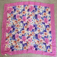 Vintage Baar  Beards Floral Silk Hand Rolled Square Scarf Peach Pink Border
