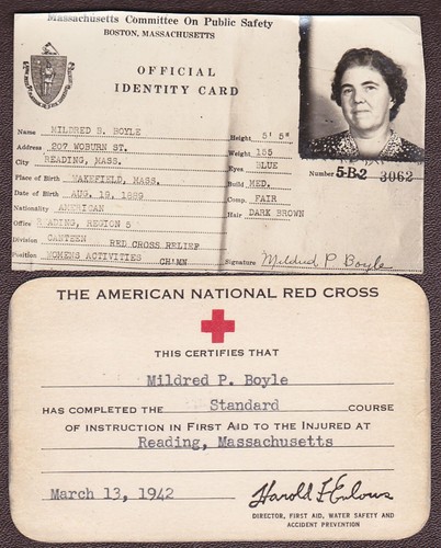 Mildred Boyle, Reading MA - 1942 Red Cross & Public Safety Photo ID & Card - Picture 1 of 2