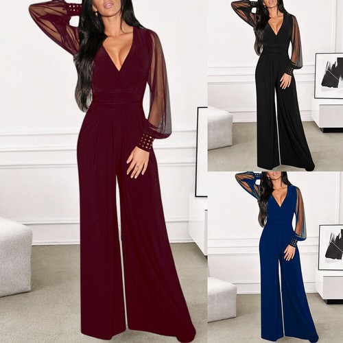 Womens Sexy V Neck Mesh Jumpsuit Playsuit Evening Party Wide Leg Romper Pants