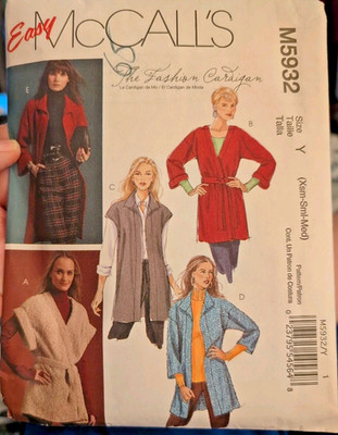 McCalls 5932 Loose Cardigan Jacket Open Front Misses Size XS M Sewing Pattern