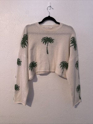 Moon & Madison Size Medium Long Sleeve Cropped White With Palm Trees Top