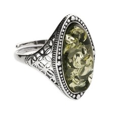 Large Adjustable Vintage Oval Green Amber Ring Solid Sterling Silver 925