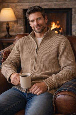 Vintage L.L. Bean Chunky Cotton Zip Sweater Mens Large Tall Brown USA Made