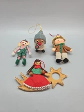 Lot of 4 Vintage Wooden/Fabric  Christmas Ornaments Primitive Decor 2-3"H VGUC 