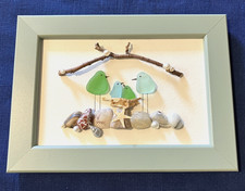 Sea Glass Bird Family Art 4x6 Frame Coastal Beach House Wall Decor Handmade