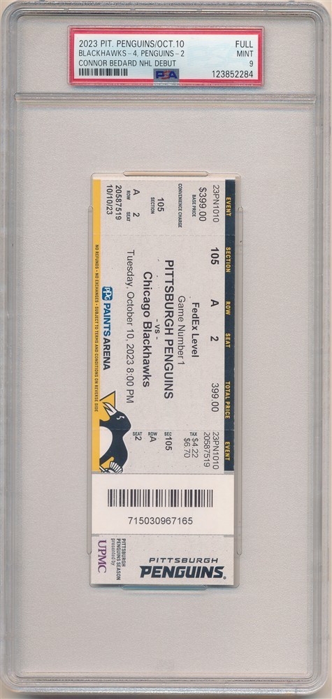 CONNOR BEDARD NHL DEBUT FULL TICKET 2023 NHL PENGUINS BLACKHAWKS PSA 9 MINT view 1