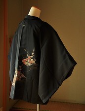 Vintage Japanese Kimono Black Haori Jacket Silk Flower Picture Scroll EMAKI
