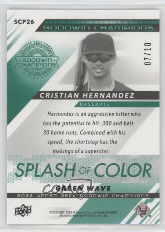 2022 Upper Deck Goodwin Champions Green Wave /10 Cristian Hernandez #SCP26 - Image 2 of 2