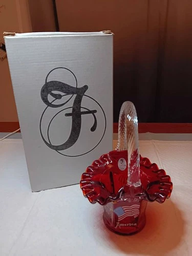 SIGNED FENTON MADE FOR QVC RUBY RED  GOD BLESS AMERICA BASKET WITH ORIGINAL BOX.