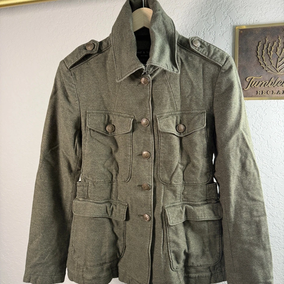Chaqueta para mujer Rag & Bone verde oliva estilo militar botón delantero talla 2 Foto 3 de 4