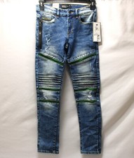 Southpole Active Flex Stretch Boys Jeans Sz 14 Med Sand Blue w/Green Design