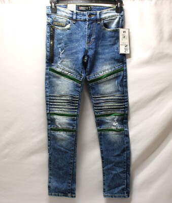 Southpole Active Flex Stretch Boys Jeans Sz 14 Med Sand Blue w/Green Design