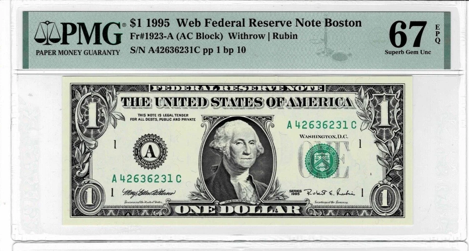 1995 $1 Federal Reserve 'WEB' Notes (1 TOP POP) 2 consec. notes!)PMG 67 & 68 EPQ - Image 3 of 4
