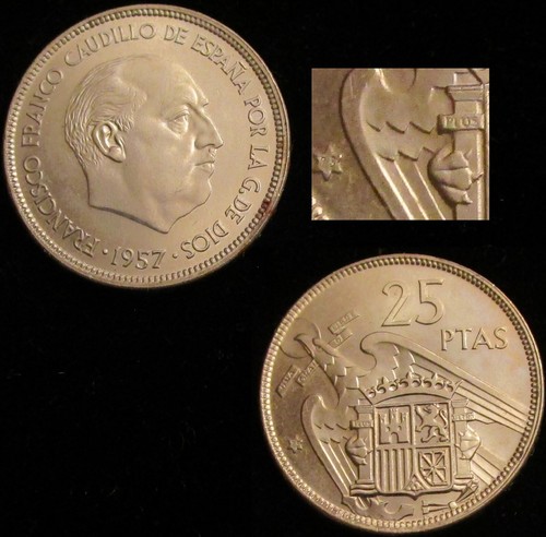 *GUTSE* FRANCO-6, 25 PESETAS 1957*75, PLUS, BRILLO ORIGINAL, SIN CIRCULAR.