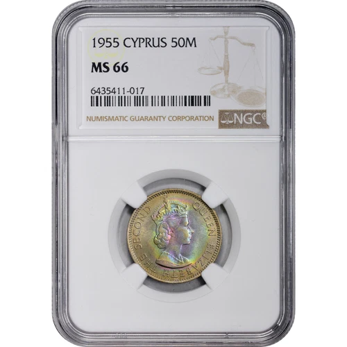 MS66 1955 Cyprus 50 Mils Elizabeth The Second NGC Beautifully Toned *2892