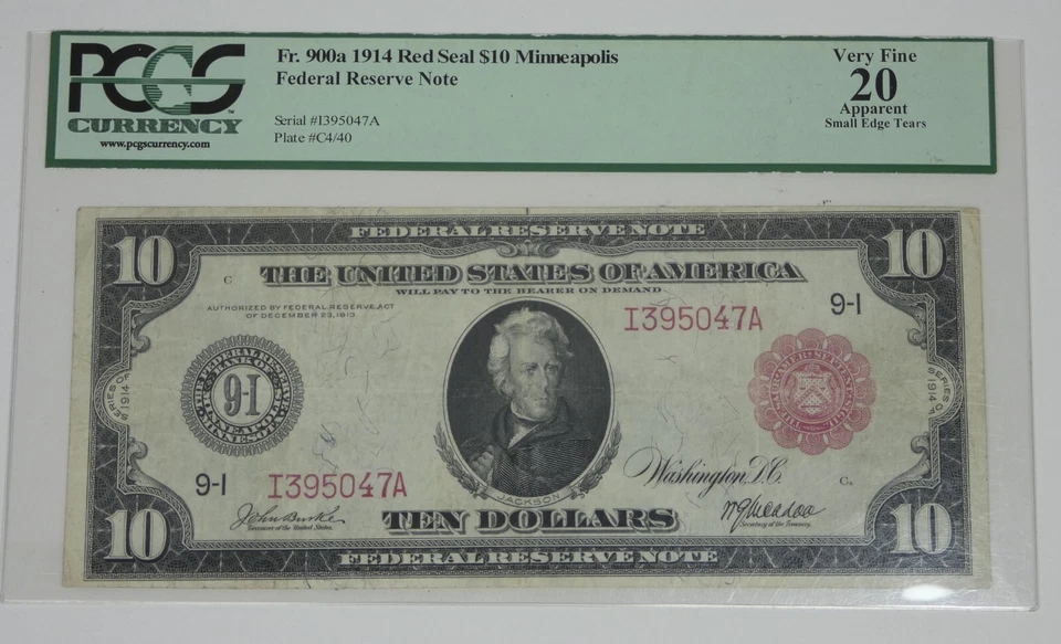 Series 1914 Large Size Red Seal $10 Fed Res Note 9-I PCGS VF 20 Fr#900a Tears - Image 3 of 4
