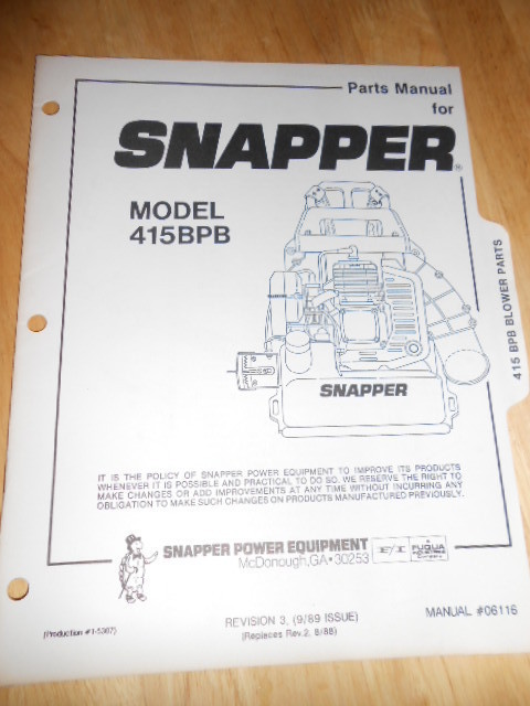 NOS Snapper Factory Parts Manual 415BPB Blower 9-1989 | eBay
