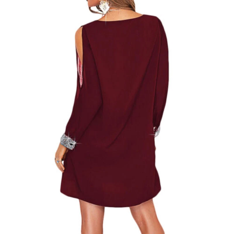 VALENTINO T shirt donna paillettes manica lunga scollo a V vestito festa spalle fredde mini abiti