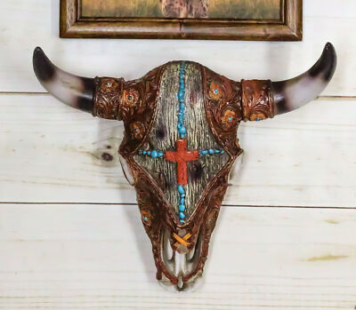Western Turquoise Red Gems Cross Faux Leather And Wood Look Cow