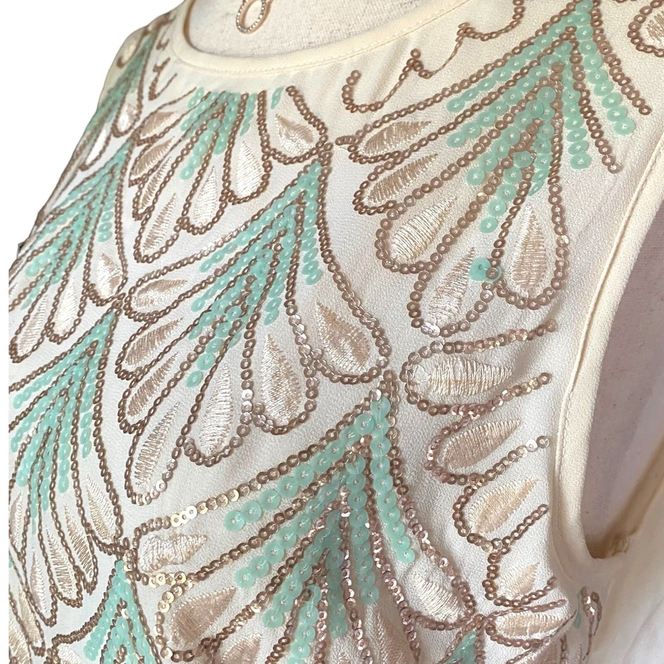 Blusa feminina inglesa rosa pequena sem mangas praia turquesa lantejoulas bainha recortada - Imagem 4 de 4