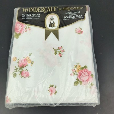 Wondercale Springmaid Double Flat Sheet Pink Flowers On White New Old Stock VTG 