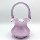 Fenton Dusty Rose Pink Cased Blown Glass Overlay Feather Pattern Basket 8"